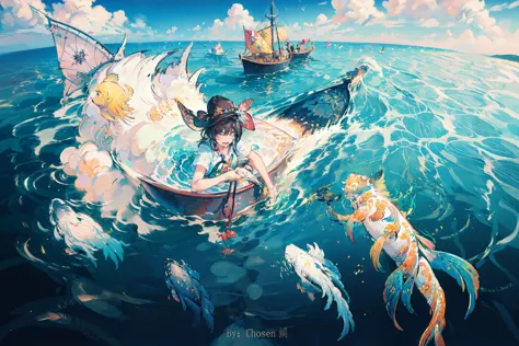 anime girl in a boat surrounded by fish and a ship