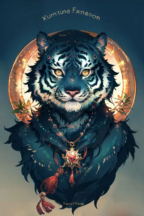 a tiger with a gold medallion and a chain around it