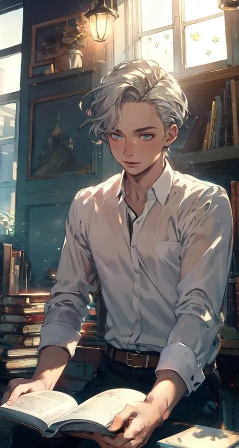 realistic, (best quality, masterpiece:1.3),
1boy,solo, reading,
silver hair, bright pupils, short hair, hair slicked back,black ...