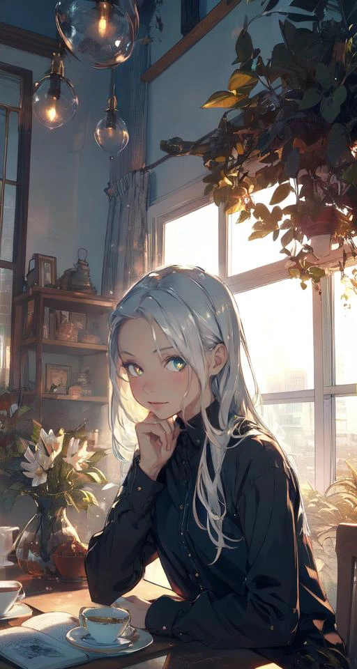 realistic, (best quality, masterpiece:1.3),
1girl, solo, afternoon tea,
silver hair, bright pupils, long hair, hair slicked back,black long sleeve shirt,
study, near the window, well-lit,
fansty world 