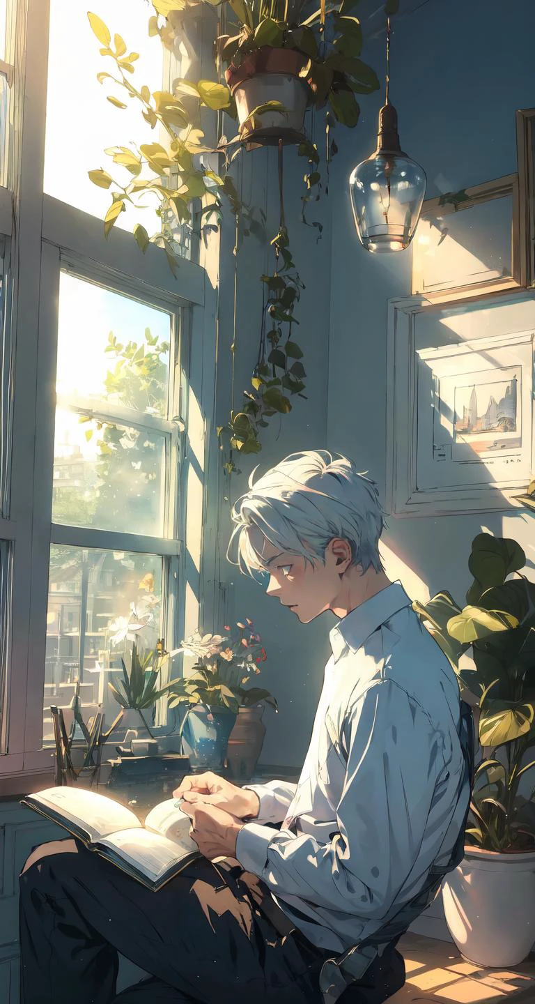 realistic, (best quality, masterpiece:1.3),
1boy,solo, reading,
silver hair, bright pupils, short hair, hair slicked back,black long sleeve shirt,
study, near the window, well-lit
fansty world