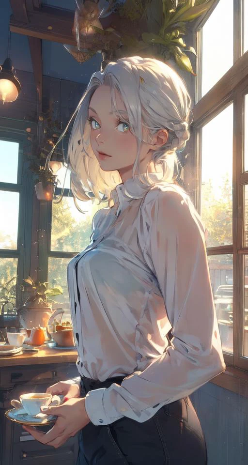 realistic, (best quality, masterpiece:1.3),
1girl, solo, afternoon tea,
silver hair, bright pupils, long hair, hair slicked back,black long sleeve shirt,
study, near the window, well-lit,
fansty world 