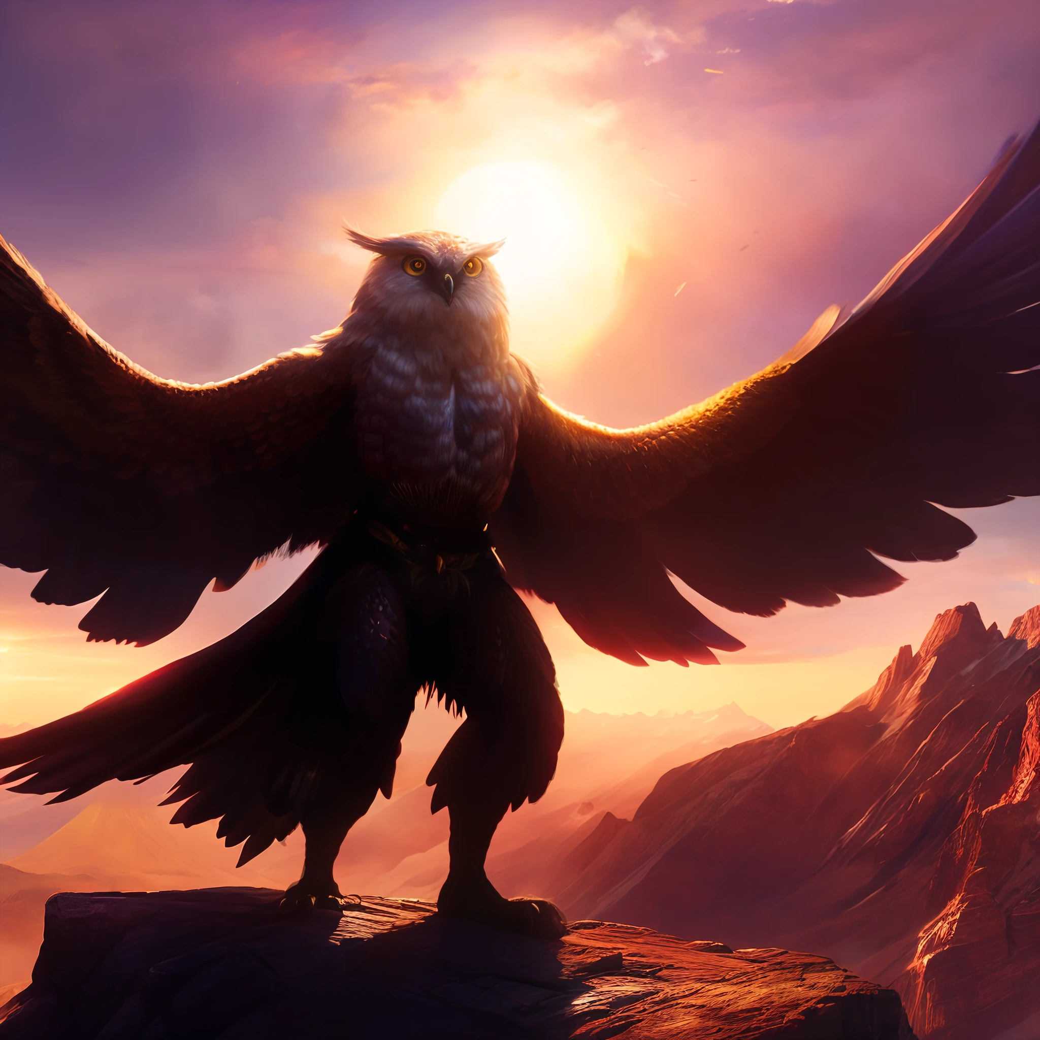 fking_scifi_v2, werecreature, wereowl, (owl), wings spread, beak, arms, on a mountain top, large head, two eyes, (owl face), big eyes, sun rays coming through clouds, vivid color, armor, photorealistic art by Frank Frazetta, Artgerm, John Byrne, trending on ArtStation, trending on CGSociety, Intricate, UHD, High Detail, raytracing volumetric lighting, cinema concept art, f8 lens, sharp focus, dramatic, photorealistic painting art by midjourney and greg rutkowski, scene art by Alphonse Much