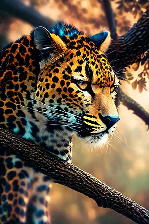 close-up low angle deep focus shot of (leopard:1.2) in tree, (beautiful scenery), Subsurface scattering, Rimlight, bokeh background, caustic reflections. art by norman rockwell and (ChemPunk-96 :0.1), smoose-2-500