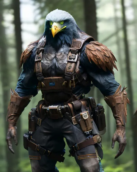 fking_scifi_v2, werecreature, wereeagle eagle, large head, (green eyes), standing in a forest, toolbelt, 80mm, f/1.8