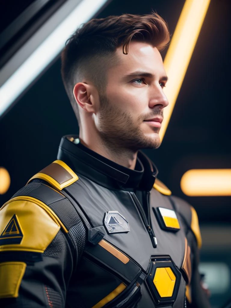 fking_scifi, award-winning photo of a man, black flight suit with yellow accents, brown hair, (gray eyes:1.35), square jawline, asymmetric face, standing in front of a window on a space ship, 80mm, bokeh, mass effect, close up, fking_cinema_v2