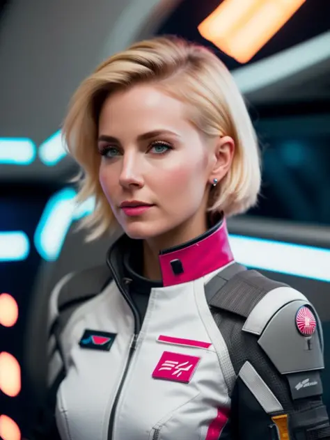 fking_scifi, award-winning photo of a woman, white flight suit with hot pink accents, blonde hair, bob haircut, (gray eyes:1.35)...