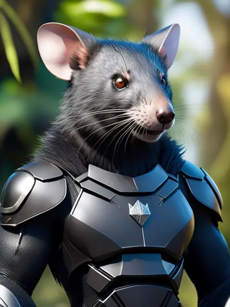 fking_scifi, award-winning photo portrait of a werecreature wererat rat, wearing a black and silver armor, forest swamp mangrove trees background, large head, intricate details