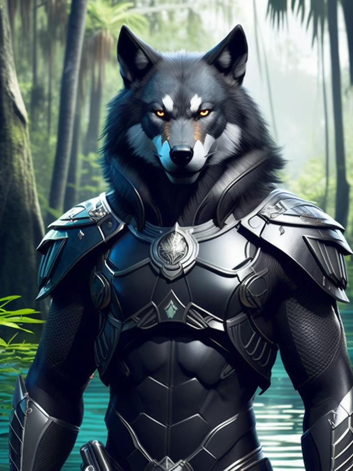 fking_الخيال العلمي, صورة فوتوغرافية حائزة على جائزة لمخلوق بالذئب الذئب, يرتدي درعًا أسود وفضي, خلفية أشجار المانغروف في مستنقع الغابات, رأس كبير, تفاصيل معقدة