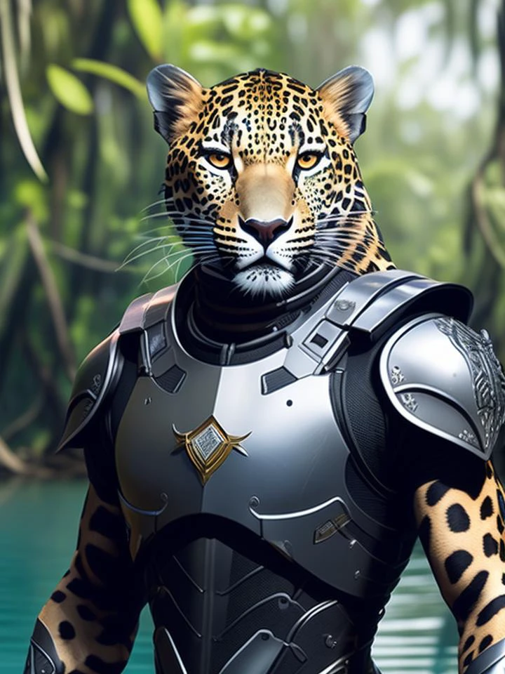 porra_ficção científica, retrato fotográfico premiado de uma criatura-leopardo leopardo, vestindo uma armadura preta e prateada, floresta pântano mangue árvores fundo, cabeça grande, Detalhes intrincados