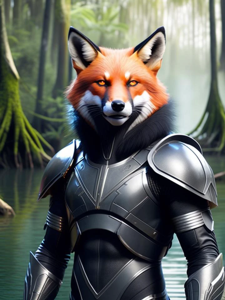 fking_scifi, award-winning photo portrait of a werecreature werefox fox, wearing a black and silver armor, forest swamp mangrove trees background, large head, intricate details