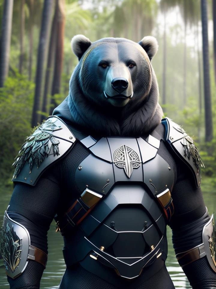fking_scifi, award-winning photo portrait of a werecreature werebear bear, wearing a black and silver armor, forest swamp mangrove trees background, large head, intricate details