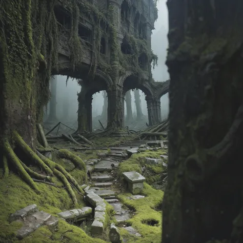 a view of a forest with moss growing on the ground