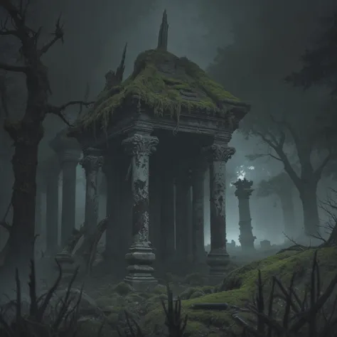 a dark and eerie temple in the woods with moss growing on the roof