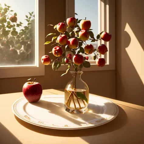 // lora str: 0.5
fresh apple on a fine plate next to a single rose stem in a narrow vase, on a kitchen table in late afternoon sun shining in through a window, still life, close-up