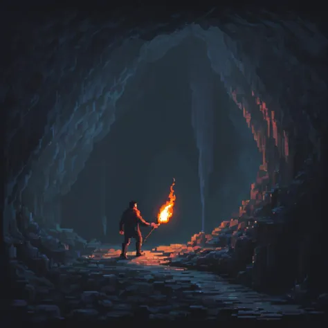 A man walking out of a dark cave with a torch, realistic, pixel art,  <lora:pixelbuildings128-v1:1>