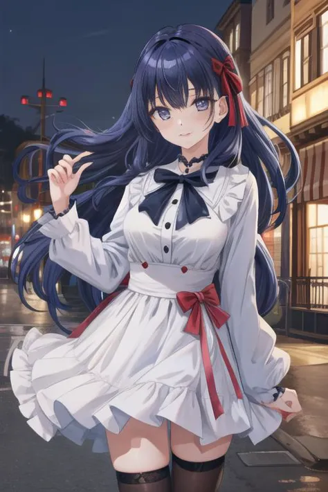 masterpiece, best quality, absurdres, perfect antomy, perfect hands, perfect fingers, matou sakura, 1girl, solo, long hair, exquisite detailed eyes,((blue navy color hair)),  bangs, side lock hair ribbon, red ribbon, breasts, standing, cowboy shot, smile, blush, outdoors,  black and white jirai fashion,  kuromi, sanrio
