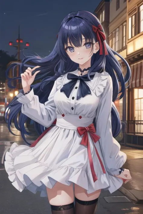 masterpiece, best quality, absurdres, perfect antomy, perfect hands, perfect fingers, matou sakura, 1girl, solo, long hair, exquisite detailed eyes,((blue navy color hair)),  bangs, side lock hair ribbon, red ribbon, breasts, standing, cowboy shot, smile, blush, outdoors,  <lora:MatouSakuraLORA:0.8>,   <lora:jirai_v2:1>,  black and white jirai fashion,  <lora:more_details:0.3>,  <lora:torino_aqua_offset:0.5>, kuromi, sanrio