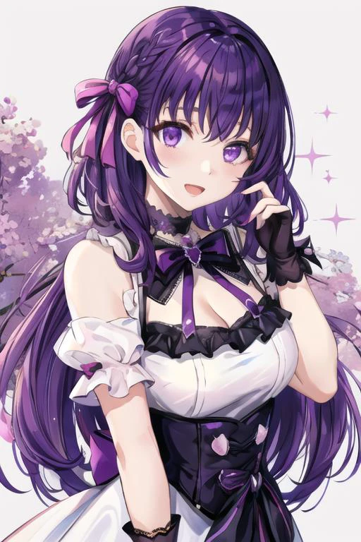 ((masterpiece:1.4, best quality))+, (ultra detailed)+,absurdres,highres, 1girl, breasts, choker, cleavage, dress, elbow_gloves, gloves, hair_ribbon, hand_up, index_finger_raised, long_hair, looking_at_viewer, open_mouth, puffy_short_sleeves, puffy_sleeves, purple_eyes, purple_hair, red_ribbon, ribbon, short_sleeves, smile, solo, sparkle, upper_body, white_choker, white_dress, white_gloves, , matou sakura,  jirai fashion