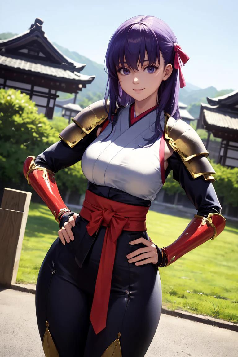 masterpiece, best quality, absurdres, SakuraMatou, long hair, hair ribbon, samurai, japanese armor, shoulder armor, standing, outdoors, japanese village, smile, confident stance, dynamic angle, hand on hips, 