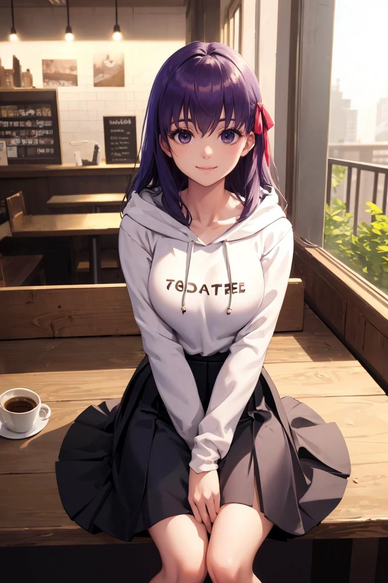 masterpiece, best quality, absurdres, SakuraMatou, long hair, hair ribbon, sitting, coffee shop, hoodie, pleated skirt, smile, 