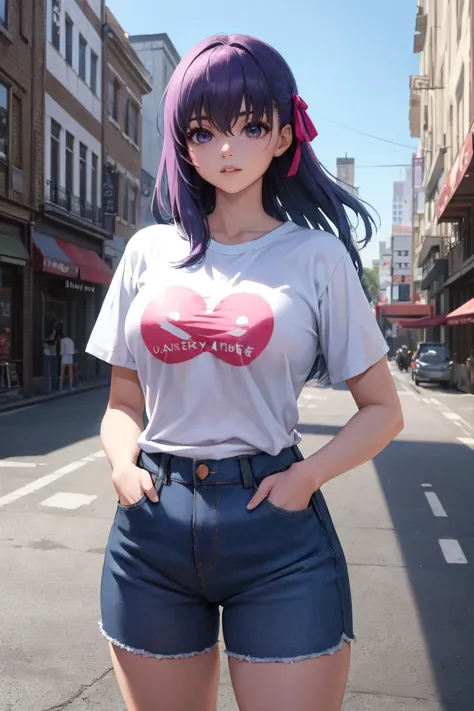 masterpiece, best quality, absurdres, SakuraMatou, long hair, hair ribbon, t-shirt, denim shorts, standing, outdoors, city, hands in pockets, 