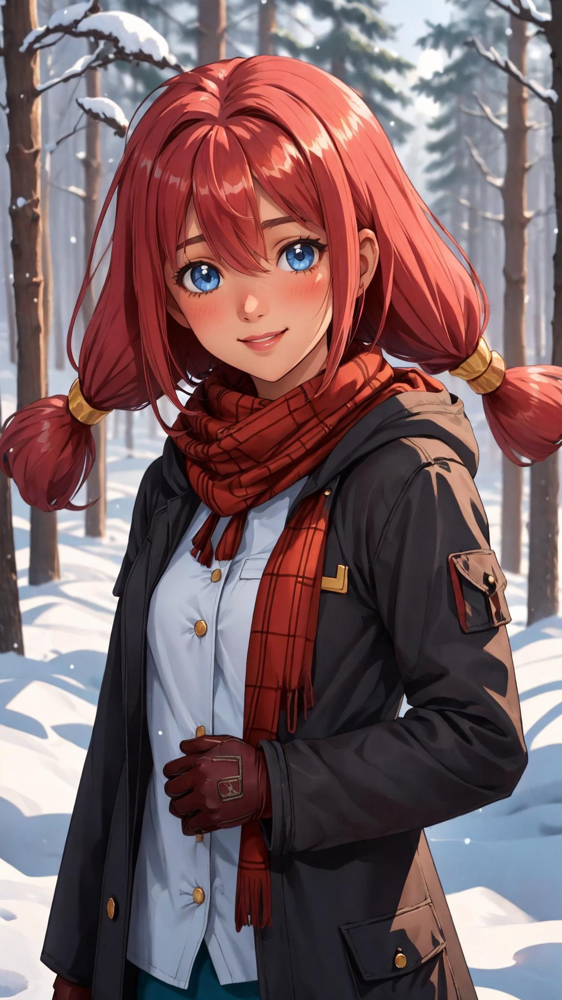 A woman with red hair and a scarf standing in the snow - SeaArt AI