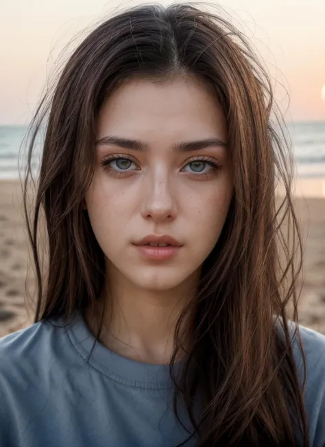 RAW Photo, DSLR, professional color graded, BREAK closeup portrait photograph of girl L3ahGott1, fcHeatPortrait, wearing shirt, ((at the beach, sunset)), sharp focus, HDR, 8K resolution, intricate detail, sophisticated detail, depth of field, analogue RAW DSLR, photorealistic, looking at viewer, 