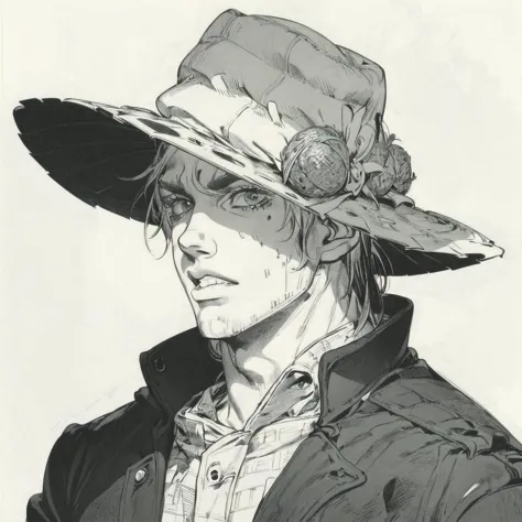 Raw,illustration,(muted color,partially colored:0.8),(hatching \(texture\)),detailed linear hatching,official art,recolored,flat color,1 boy,hat,cowboy,detailed face,<lora:STEELBALLRUNComicStyle:0.8>,