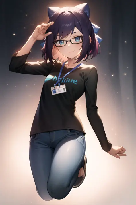 2d, masterpiece, best quality, anime, highly detailed face, highly detailed eyes, highly detailed background, perfect lighting, full body, 1girl, solo, a-chan, black shirt, logo, id card, jeans, smile <lora:a-chan-10-v1.1:1>