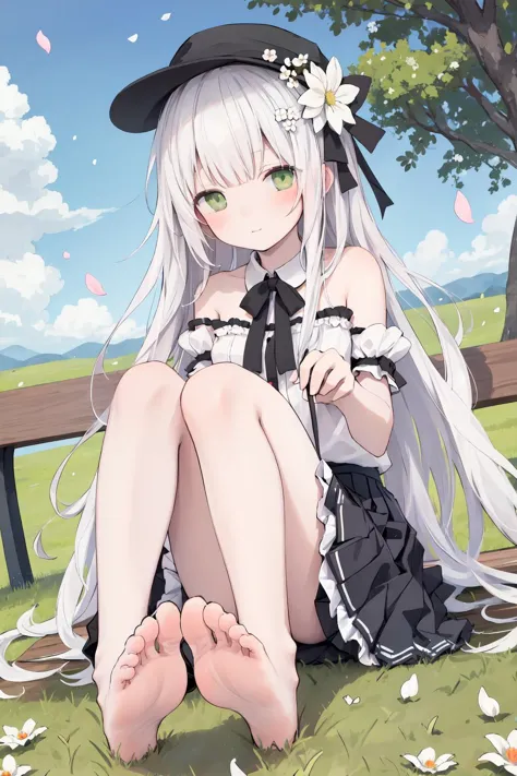 1girl,solo,long hair,outdoors,feet,barefoot,flower,sitting,hair flower,white flower,tree,hair ornament,hat,soles,toes,looking at viewer,black headwear,very long hair,skirt,bangs,day,closed mouth,bare shoulders,black skirt,blush,white hair,shoes,green eyes,sky,white shirt,shirt,short sleeves,legs,bare legs,petals,frills,detached sleeves,grass,shoes removed,bench,frilled skirt,foot focus,
