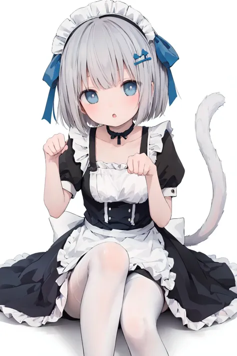 1girl,dress,apron,black dress,bangs,solo,short sleeves,frills,grey hair,tail,white apron,looking at viewer,white background,blue eyes,short hair,frilled apron,bow,parted lips,maid,ribbon,pantyhose,tail ornament,sitting,collarbone,paw pose,frilled dress,hand up,:o,blue ribbon,hair ornament,thighhighs,blue bow,white pantyhose,simple background,hand on own knee,maid apron,black footwear,ia-style,