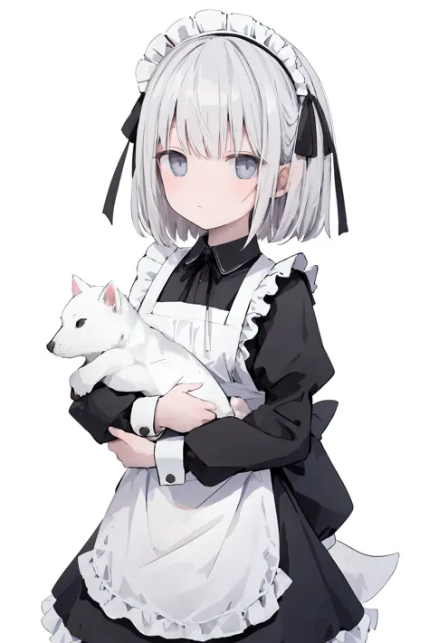 1girl, apron, maid headdress, maid, short hair, white background, dress, simple background, looking at viewer, solo, long sleeves, white apron, maid apron, ribbon, white hair, bangs, black dress, closed mouth, holding, black ribbon, holding animal, hair ri...