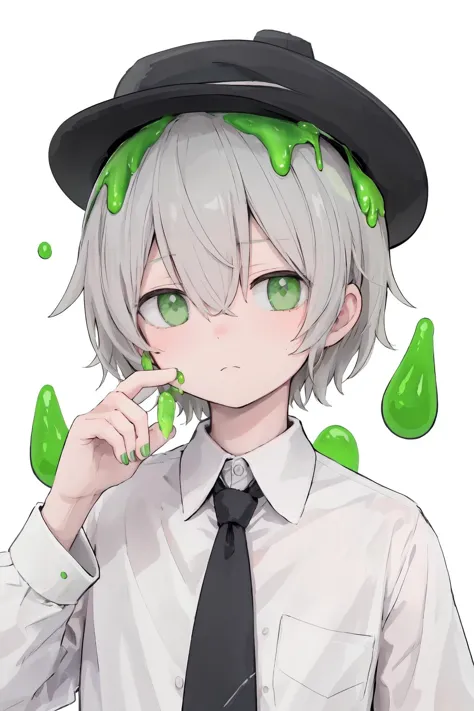 green eyes, solo, hat, 1boy, male focus, holding, shirt, necktie, upper body, looking at viewer, long sleeves, short hair, black headwear, grey hair, collared shirt, white shirt, closed mouth, green nails, hair between eyes, fingernails, slime \(substance\), dripping, ia-style