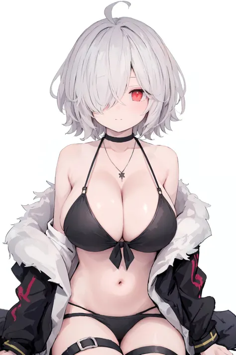 1girl, solo, breasts, hair over one eye, cleavage, bikini, white background, swimsuit, large breasts, black bikini, ahoge, jacket, necklace, jewelry, simple background, grey hair, closed mouth, thigh strap, black jacket, looking at viewer, red eyes, off sh...