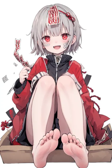 1girl,solo,red eyes,ofuda,barefoot,jacket,open mouth,short hair,talisman,white background,grey hair,simple background,looking at viewer,red jacket,sitting,feet,bangs,toes,long sleeves,box,fangs,smile,bandages,soles,ia-style,