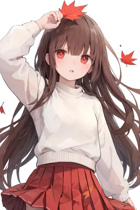 1girl, solo, long hair, red eyes, skirt, brown hair, leaf, bangs, white background, holding leaf, long sleeves, looking at viewer, holding, pleated skirt, parted lips, autumn leaves, white sweater, simple background, sweater, arm up, brown skirt, red skirt...