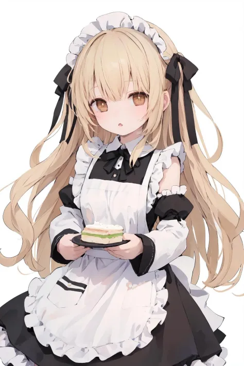 1girl, solo, long hair, dress, apron, detached sleeves, white background, looking at viewer, brown eyes, long sleeves, bow, ribbon, bangs, frills, blonde hair, simple background, food, parted lips, black ribbon, ia-style