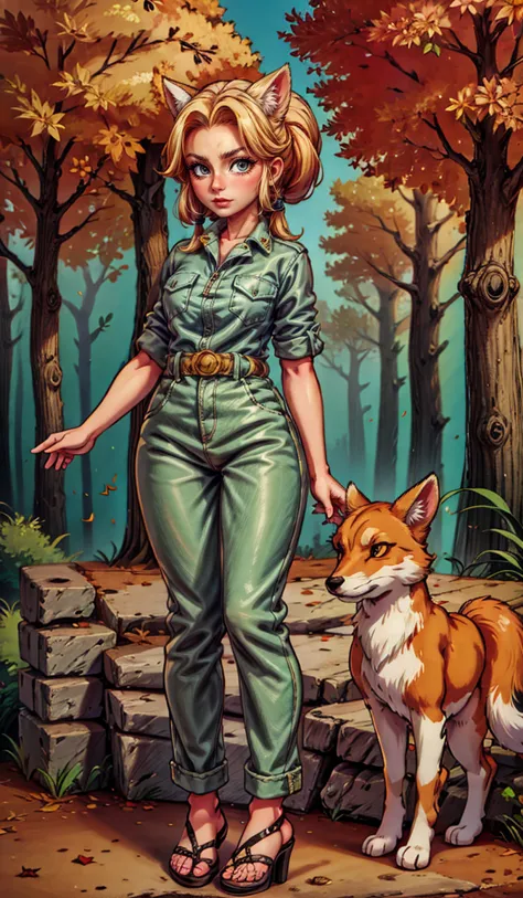 a woman in a green jumpsuit and a dog standing in front of a forest