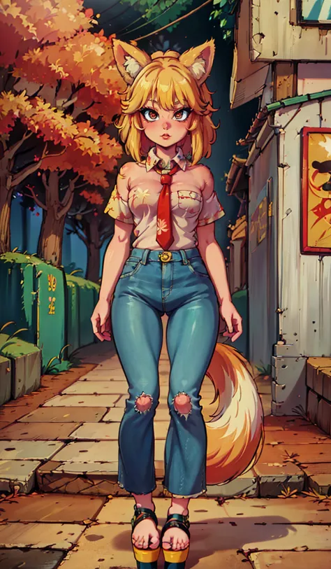 <lora:Linda _ Fox girl:1> photograph of a blonde fox girl wearing (Retro-Hippie: Bell-bottom jeans, tie-dye shirt, and platform sandals.) ((by Simon Bisley:1.2)) <lora:ARWAnimeCity:1> animecity, trippy, psychedelic, colorful, 2d, anime, detailed, illustration, intricate, <lora:add_detail_realistic:1>, <lora:sharpen-soften:-0.5>