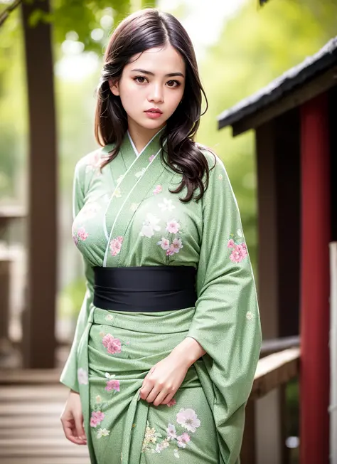 ultra realistic photograph, RAW professional photograph, 1girl, beautiful, blurry, blurry background, medium breasts, brown eyes, knee, dark hair, building, depth of field, floral print, green kimono, japanese clothes, kimono, lips, long hair, looking at viewer, obi, outdoors, parted lips, sash, solo, standing, wide sleeves