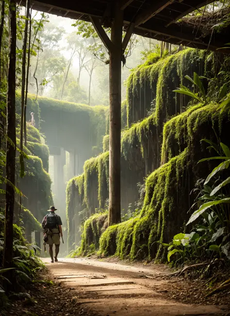 ultra realistic photograph, RAW professional photograph, a Victorian adventurer, on an expedition to the dangerous Amazon in 1900, lush wildlife, lost temple, fantasy, intricate, elegant, highly detailed, sharp focus, radiant light