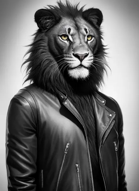 ultra realistic photograph, raw professional photograph, 1a hyper-realistic anthropomorphic black lion, wearing a biker jacket, ...