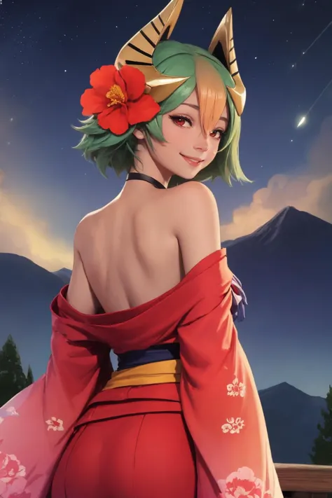 masterpiece, best quality, laegjarn fe, starry night sky,  japanese clothes, from behind, bare shoulders, off shoulder, hair orn...