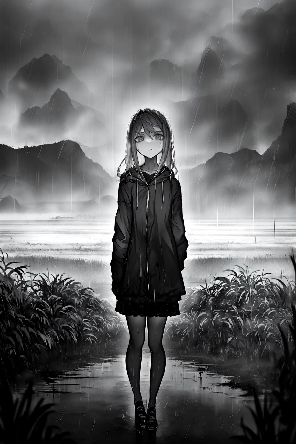 ((masterpiece)),((best quality)),8k,high detailed,ultra-detailed,intricate detail,((1girl))ï¼ (melancholic:1.2), (gloomy atmosphere:1.1), standing alone in a desolate, mist-covered landscape, (sad expression:1.2), (teary-eyed), (soft lighting:1.1), creating a poignant and emotional scene, (pastel colors:1.1), muted and subdued color palette, (loneliness:1.2), (wind-blown hair), (flowing:1.1), (rain:1.2), gentle raindrops adding to the melancholy, (umbrella:1.1), held tightly, (kawaii:0.8), combining sadness with a touch of cuteness, (introspective:1.1), 
