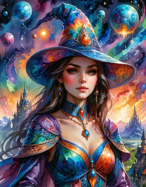 concept art, Wizard Hat, Choker, Girl, wearing ral-wtrclr, has lots of intricate details, regional, sci-fi landscapes, combining...