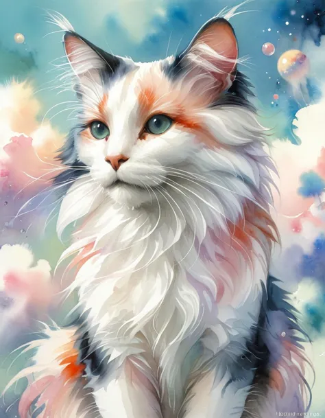 designed by Jane Newland, painting, (Turkish Van Cat:1.1) , wearing ral-wtrclr, its ral-wtrclr is inspired by sci-fi, Clear skie...
