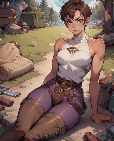 score_9,score_8_up,score_7_up,
cascaxl,brown eyes,brown hair,short hair,
purple pants,white shirt,bare shoulders,belt, brown thigh boots, serious,
camp,plains,looking at viewer,outdoors,
<lora:cascaXL:0.8>,