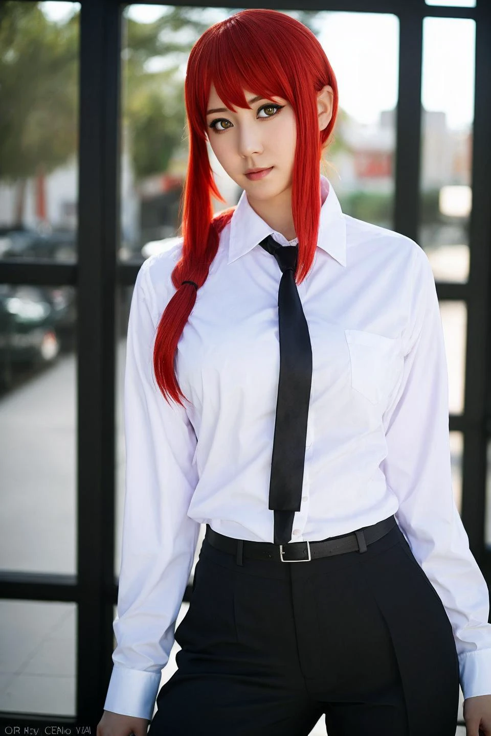 professional photo, portrait shot of a woman with red hair and a white shirt and black pants, tie, cosplay, looking at the viewer, hdr