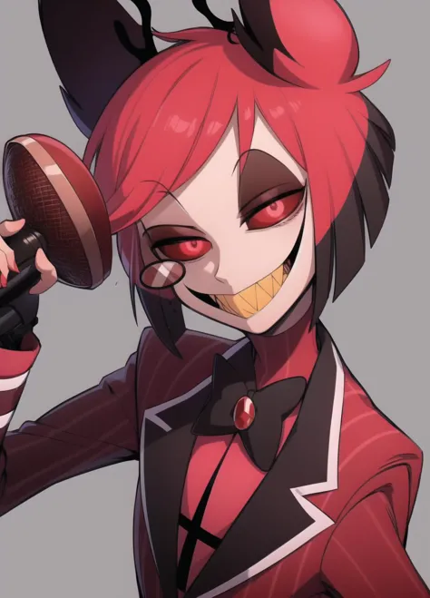 masterpiece, best quality, bowtie, jacket, monocle, microphone, suit, 1boy, solo, animal ears, sharp teeth, red eyes, teeth, bow, smile, looking at viewer, slit pupils, red hair, grin, multicolored hair, red sclera, <lora:Alastor-001:1>, holding microphone, dark background, terror theme